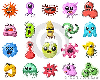 Funny and cute virus, bacteria, germ cartoon character set. Microbe and pathogen microorganism isolated on white background. Vector Illustration